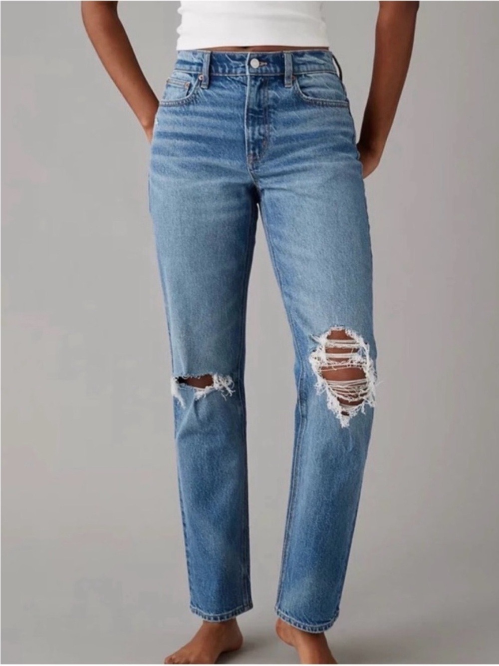 American Eagle Stretch Super High-Waisted Ripped Ankle Straight Jean